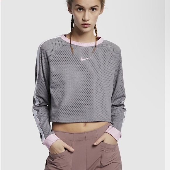🔥Nike | Women's grey mesh cropped crewneck running top, pink/white accents sz XS - Picture 1 of 16